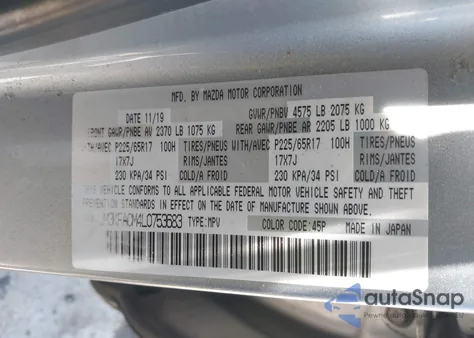 2020 Mazda Cx-5 Touring z USA, uszkodzony, nr VIN JM3KFACM4L0753683